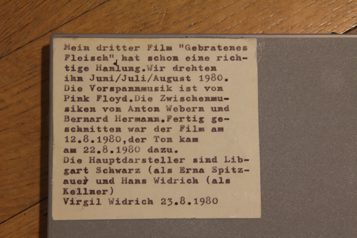 Super-8-Filmschachtel „Gebratenes Fleisch“, 1980