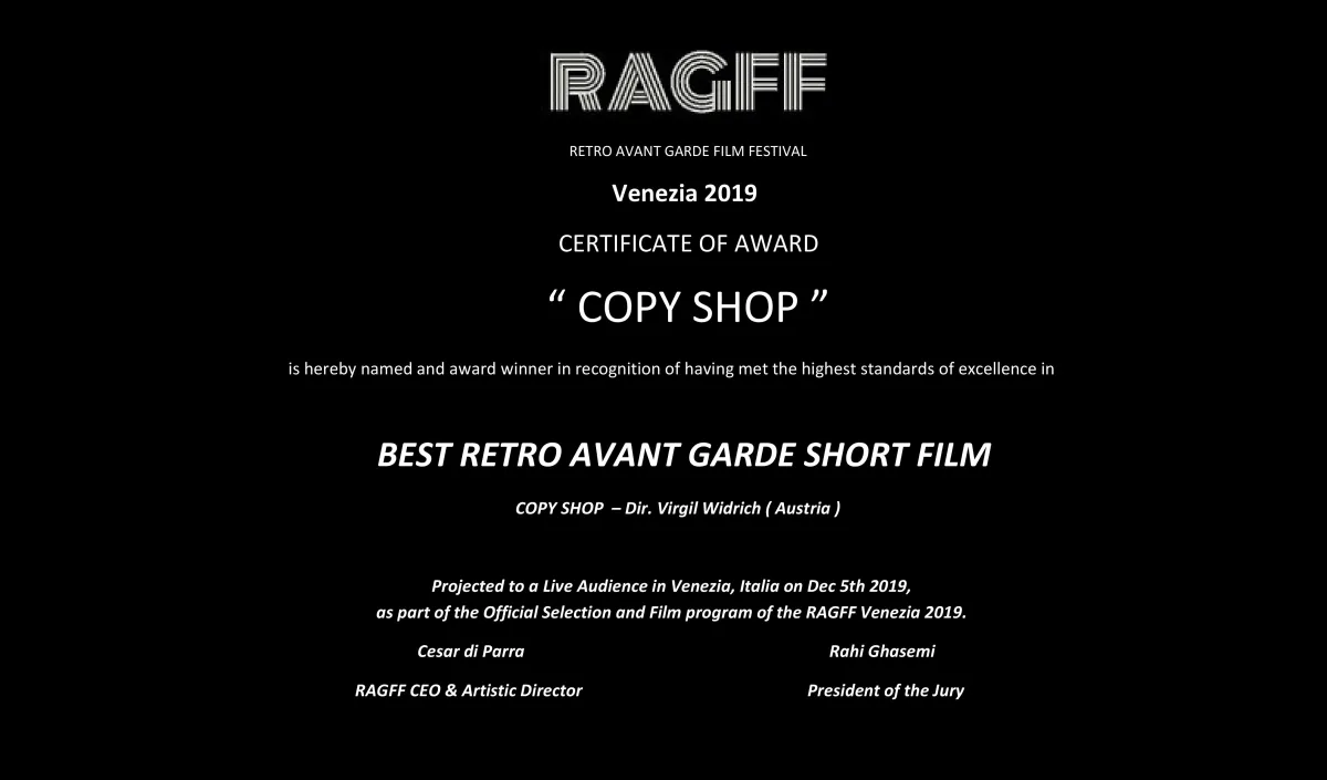 RAGFF Venezia – Italy – Best Retro Avant Garde Short Film ★