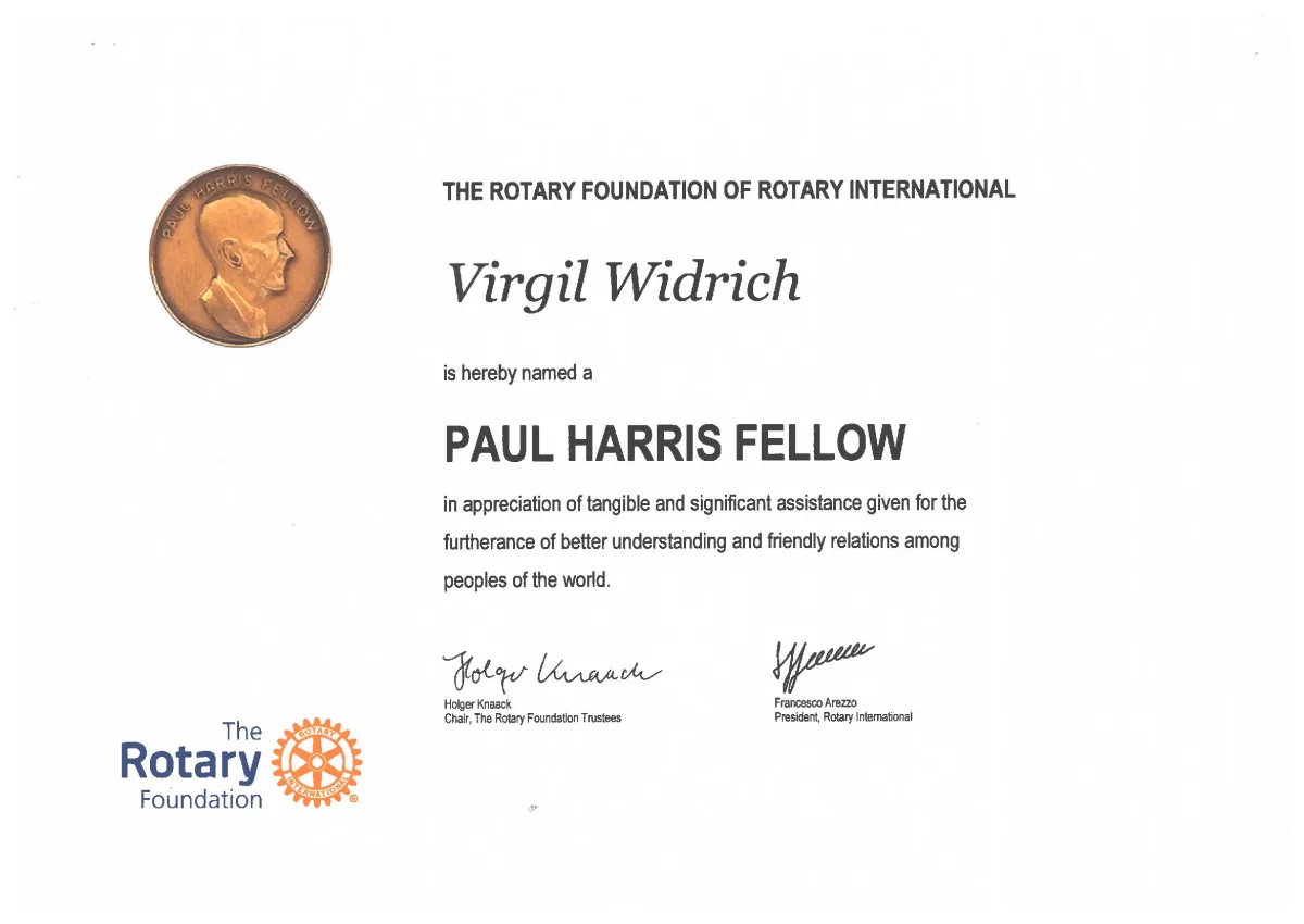 Certificate Paul Harris Fellow, awarded by The Rotary Foundation of Rotary International