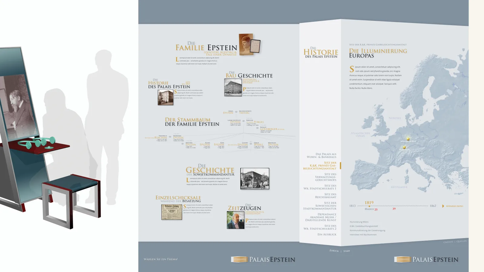 Palais Epstein, design of exhibition furniture: Carl Auböck, graphic design user interface: Hoch2