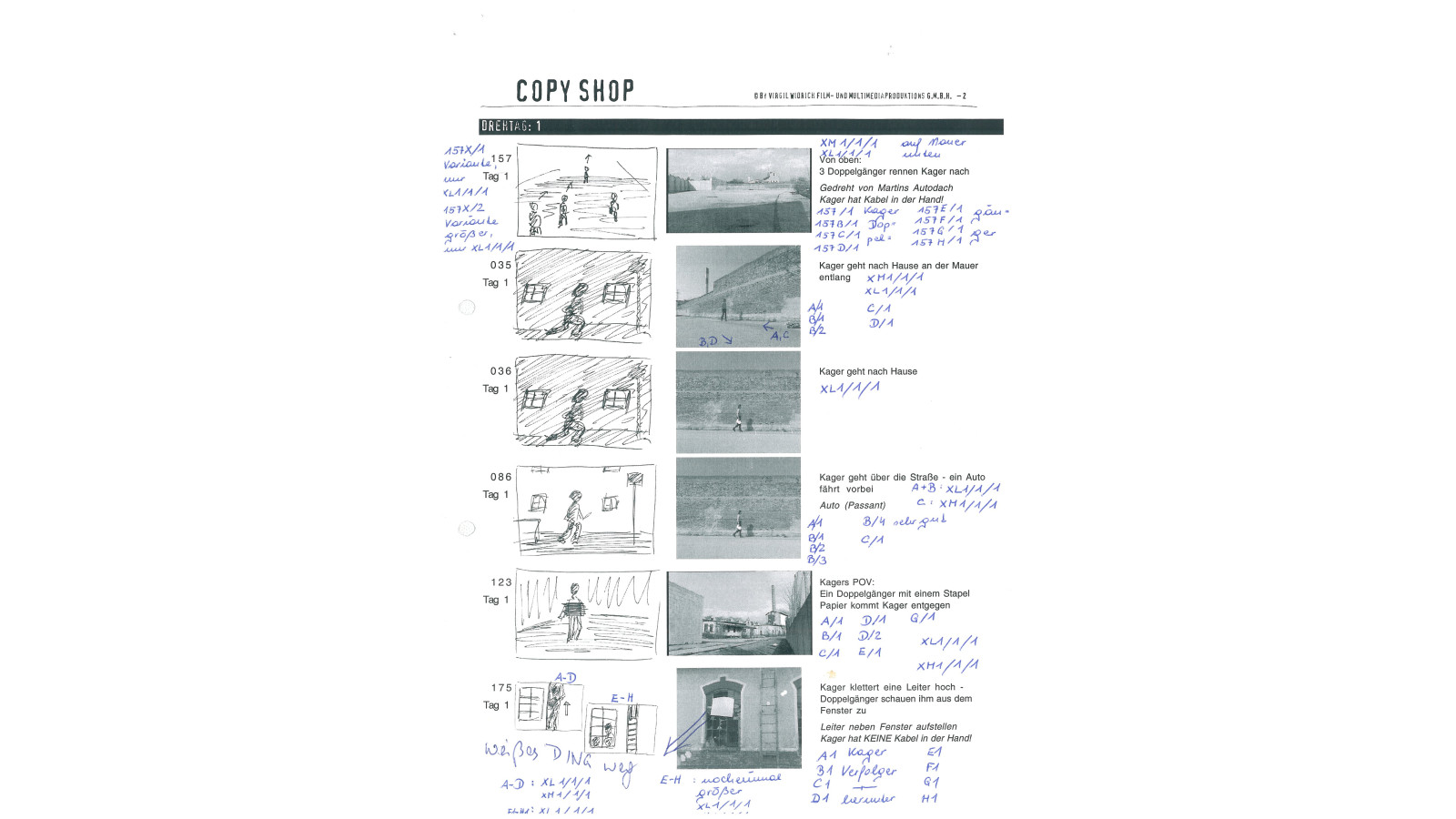 „Copy Shop“: Story Board und Regiemappe, April 2000