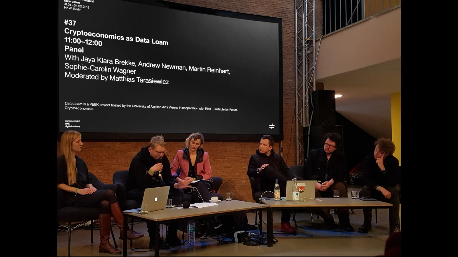 “Cryptoeconomics as Data Loam”: Presentation at the Transmediale in Berlin in February 2018. On the panel: Sophie-Carolin Wagner, Markus Zimmermann, Jaya Klara Brekke, Matthias Tarasiewicz, Martin Reinhart, Andrew Newman.