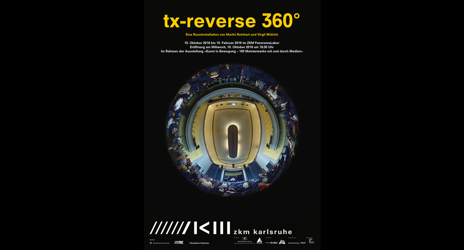 Poster für die Rauminstallation „tx-reverse 360°“ im PanormaLab des ZKM | Zentrum für Kunst und Medien Karlsruhe, Oktober 2018