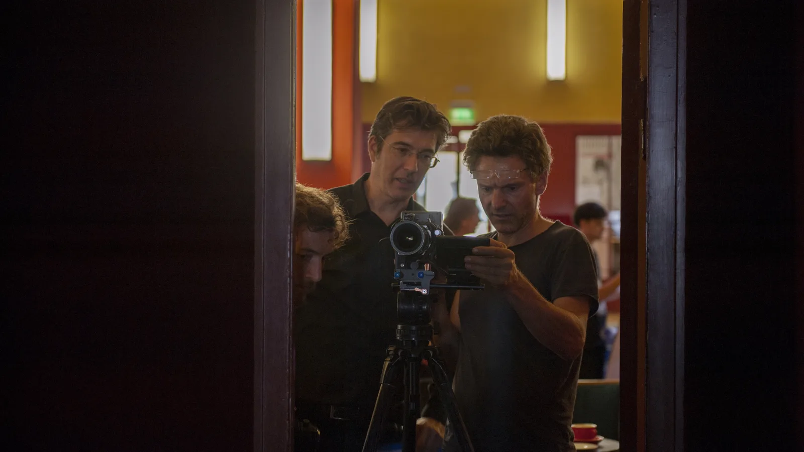 Virgil Widrich and Martin Putz shooting “tx-reverse” at the Kino Babylon Berlin, July 12, 2018. Photo: Alexander Grennigloh